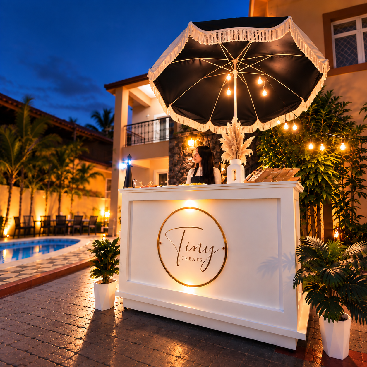 Stand Tiny Treats illuminé en soirée, avec son parasol et ses guirlandes, près d’une piscine