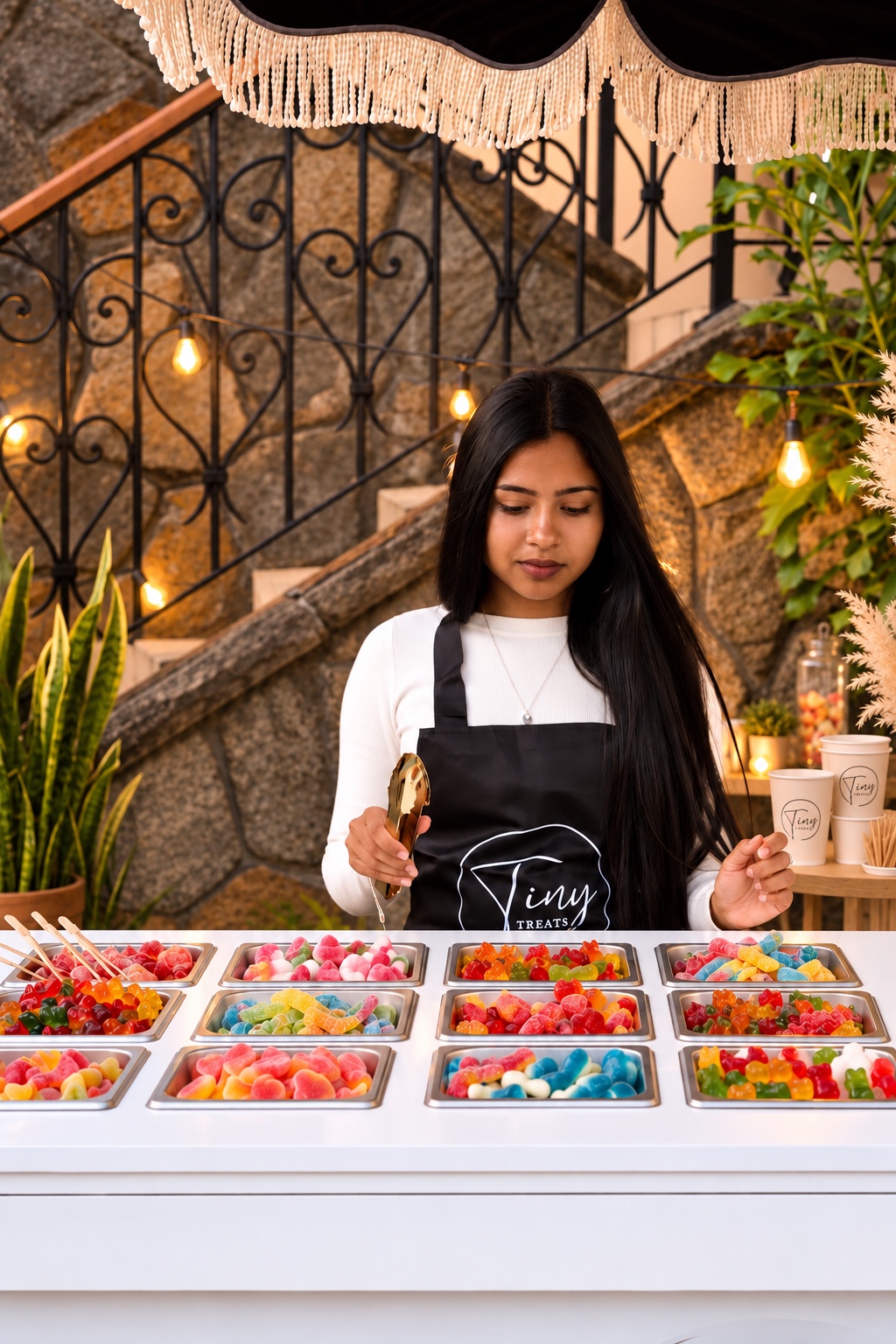 Hôtesse Tiny Treats servant un assortiment de bonbons colorés au Gummies Bar