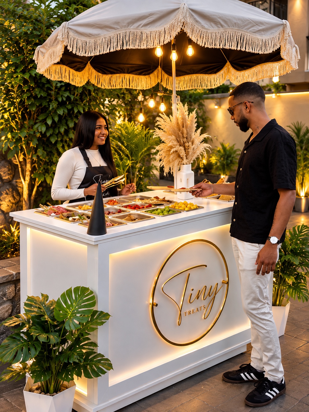 Le véritable stand Tiny Treats illuminé, installé dans un jardin, avec une hôtesse et un invité